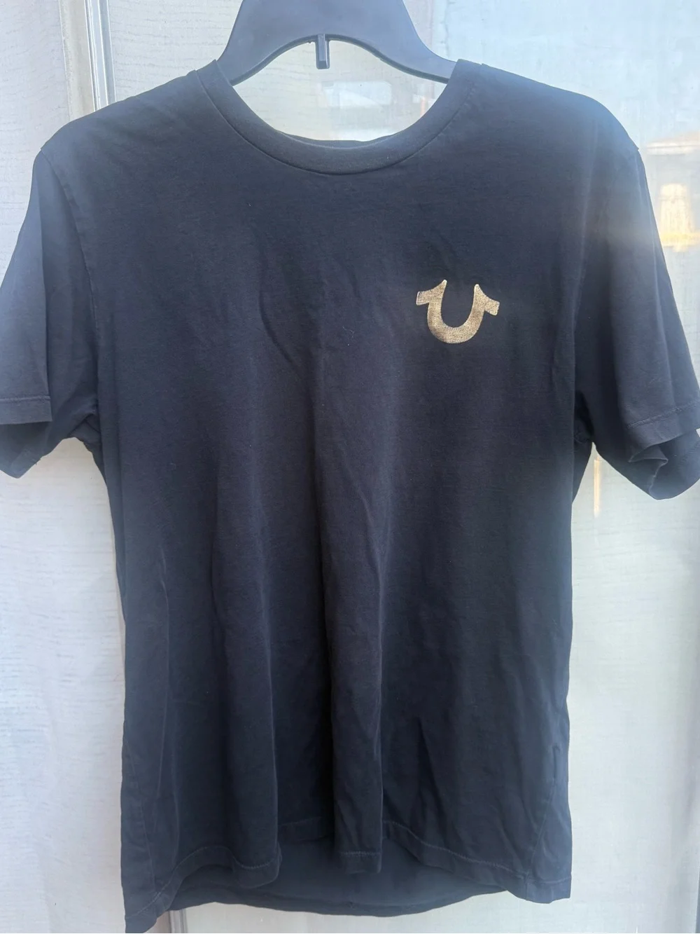 True Religion Black Short Sleeve Tee with buddha gold Logo